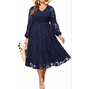 NEW Blue Plus Wedding Guest Long Sleeve V Neck Floral 18W